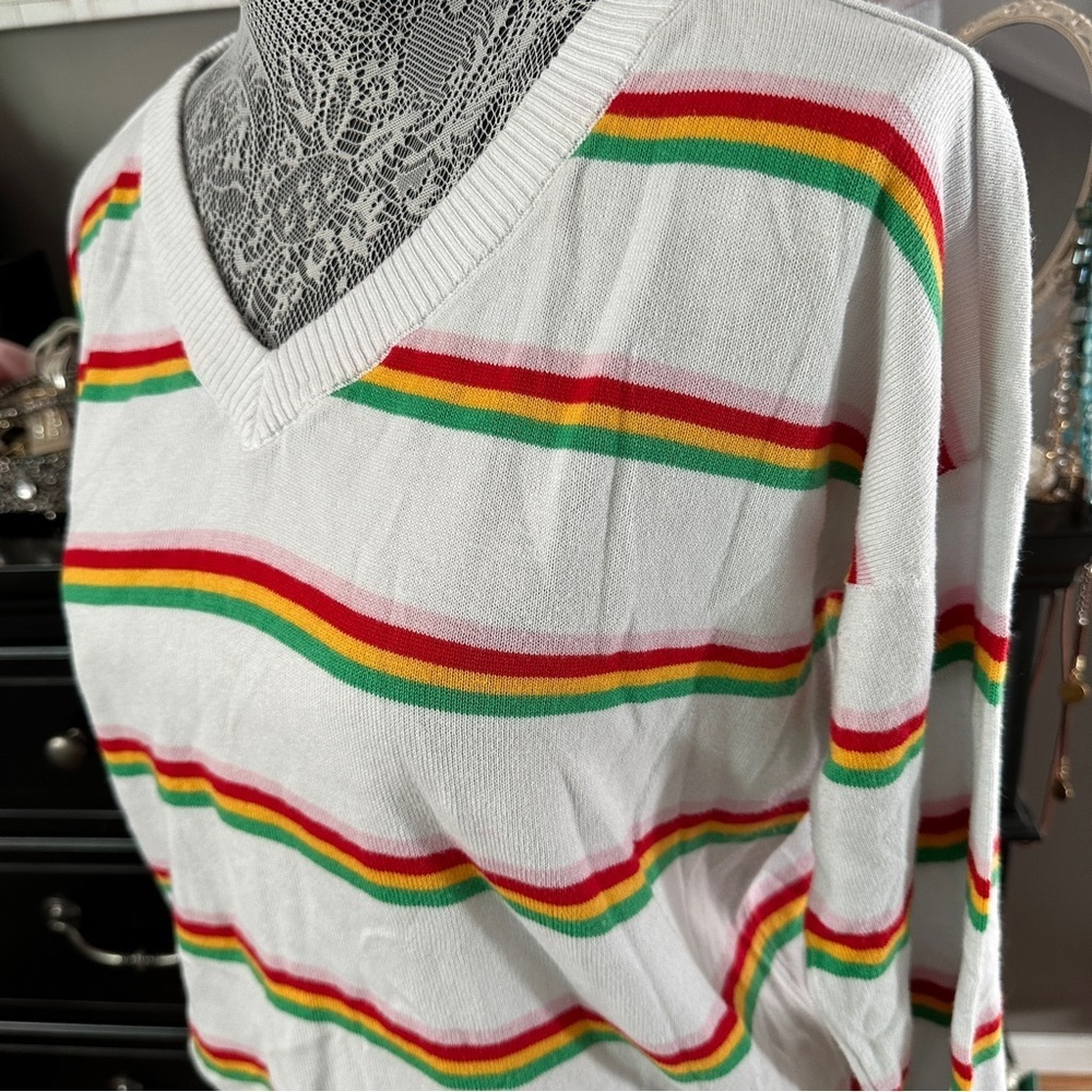 Levi’s Retro Stripe Normcore V-Neck Sweater White Multicolor Long Sleeve Medium - Picture 4 of 13